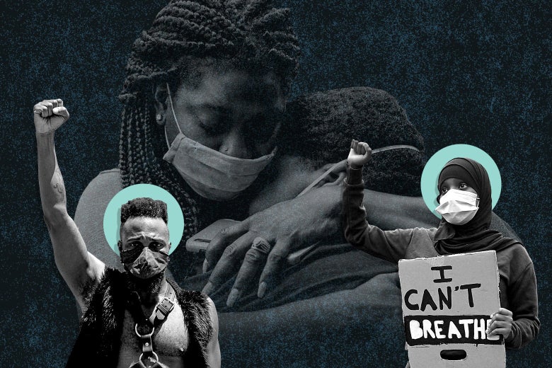 Photo collage of masked Black protesters and two Black women hugging in the background