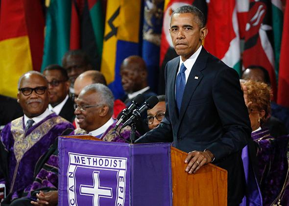 President Barack Obama delivers a eulogy in honor of the Rev. Clementa Pinckney during funeral services in Charleston, South Carolina, on June 26, 2015.