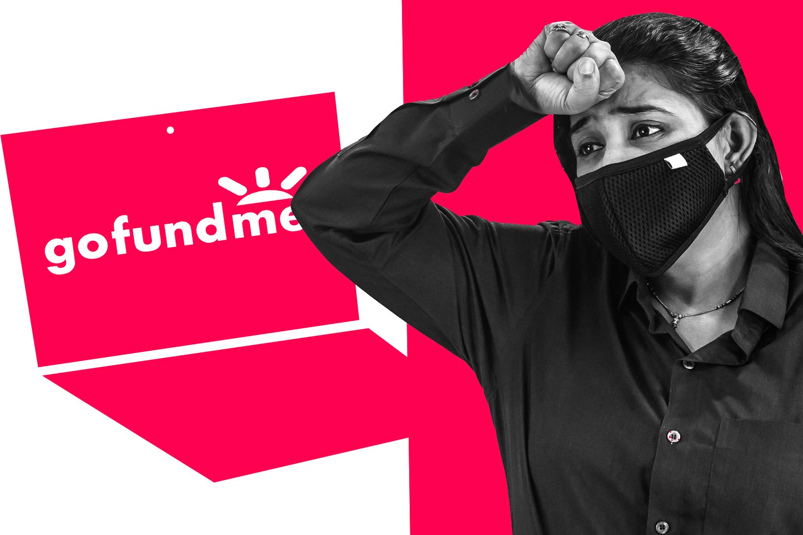 A GoFundMe logo on a laptop and a woman wearing a mask looking distressed