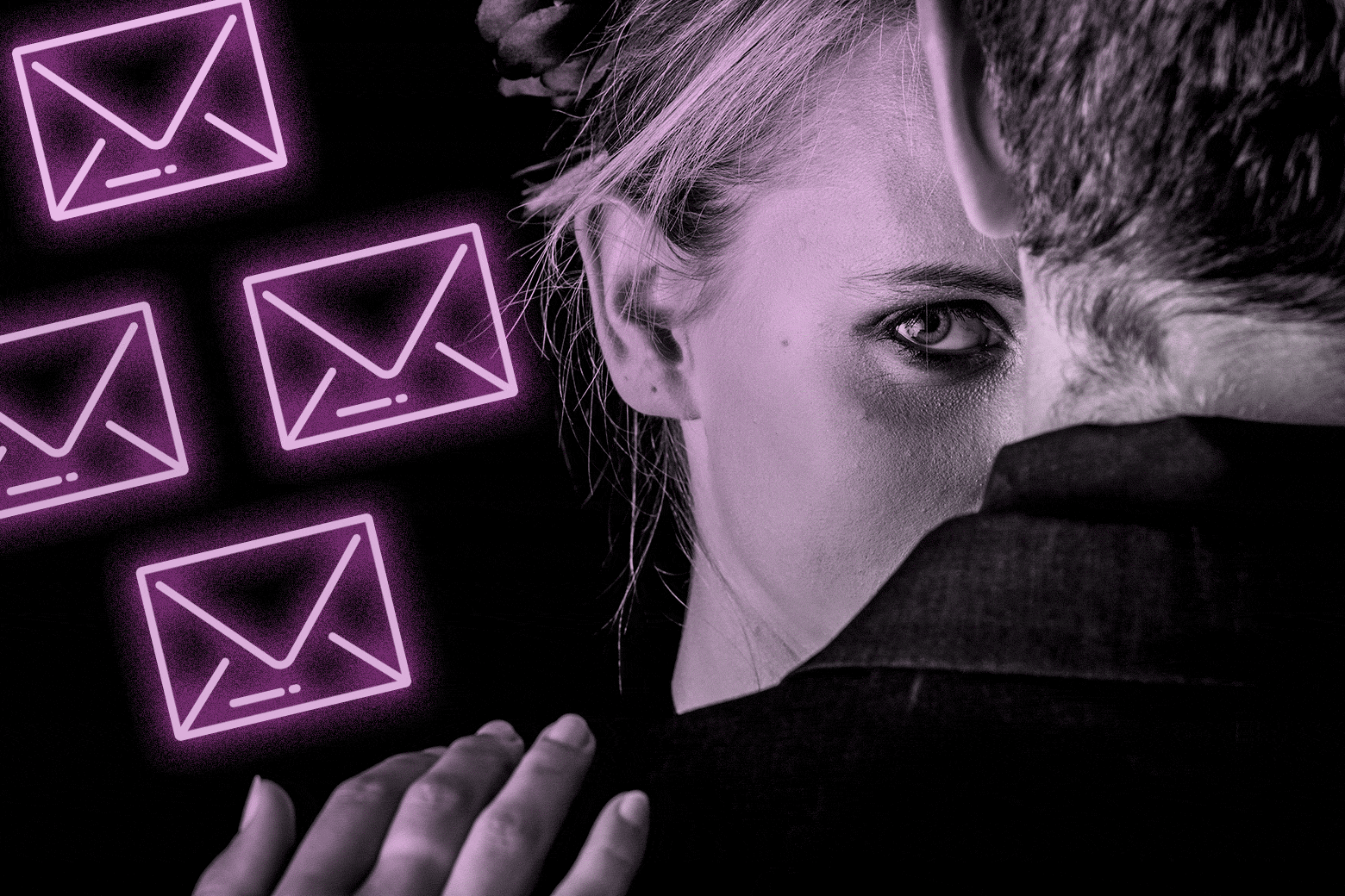 A young woman looks over a man's shoulder, as email icons flash in the background.