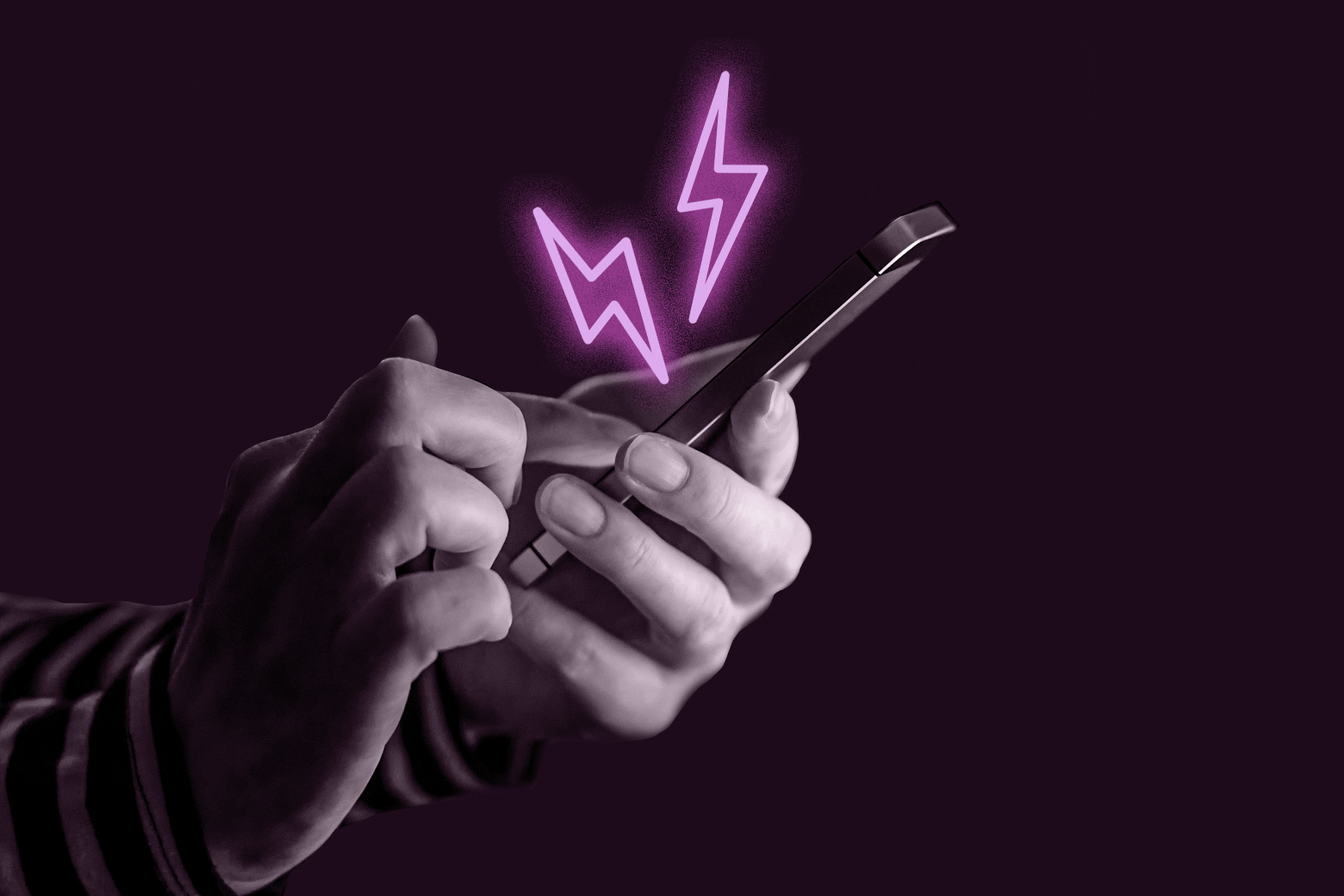 A hand holding a cellphone, with neon lightning bolts shooting out of the screen.