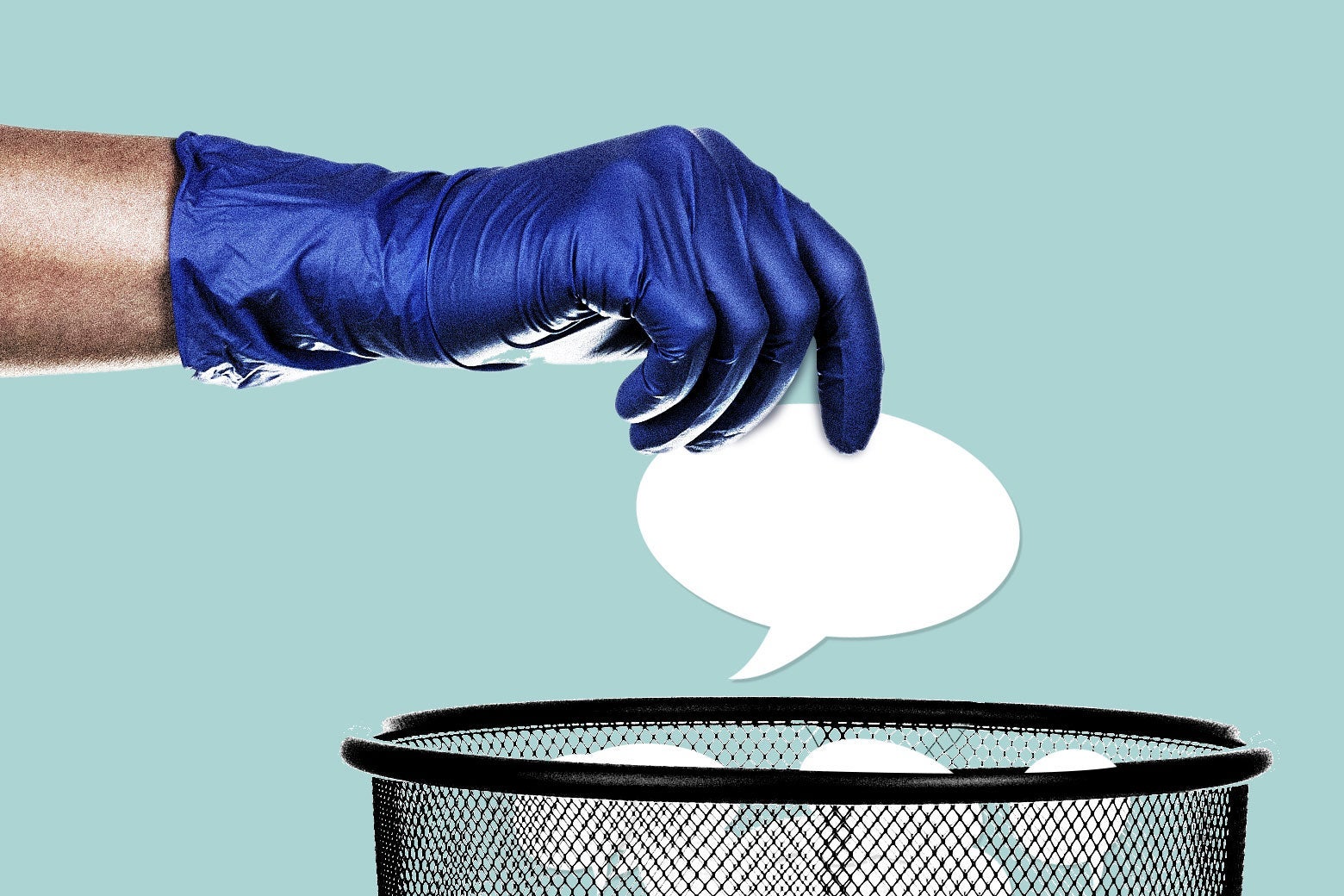 A gloved hand dropping tweets into a trash bin.