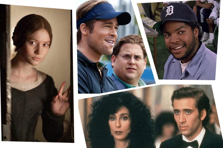 Brad Pitt stares off into the distance with a visor on as Jonah Hill looks at him for Moneyball, Cher and Nicolas Cage look ahead in formal wear for Moonstruck, Ice Cube in a baseball cap smiles for Boyz n the Hood, and Mia Wasikowska in period dress peers through an opening for Jane Eyre.