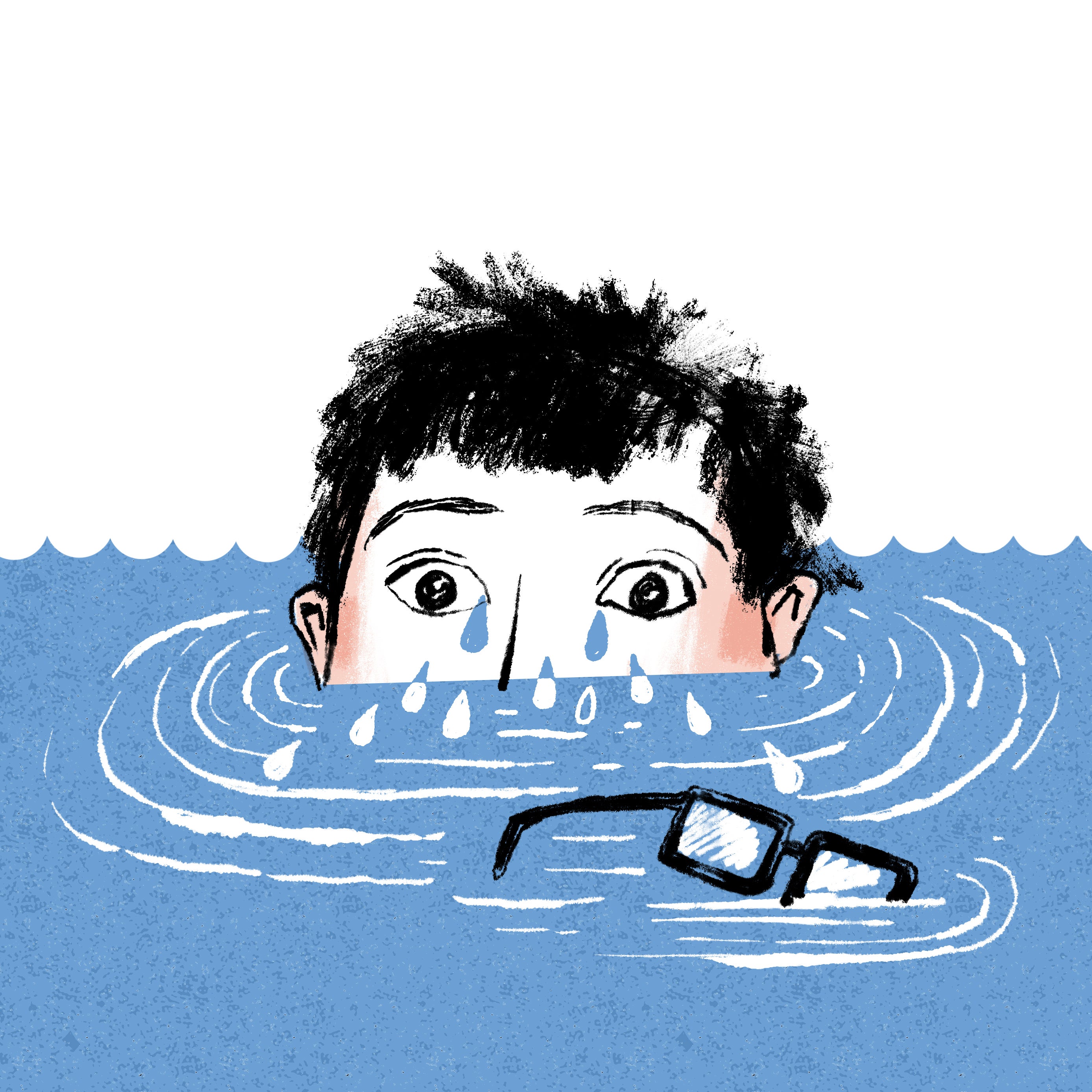 An illustration of a man up to his nose in water (tears) with his glasses floating away.