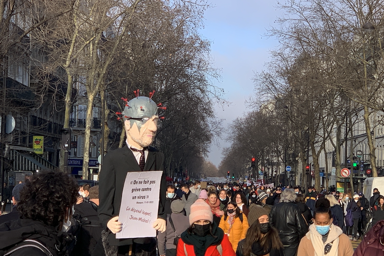 The French Minister of Education is represented as a coronavirus.