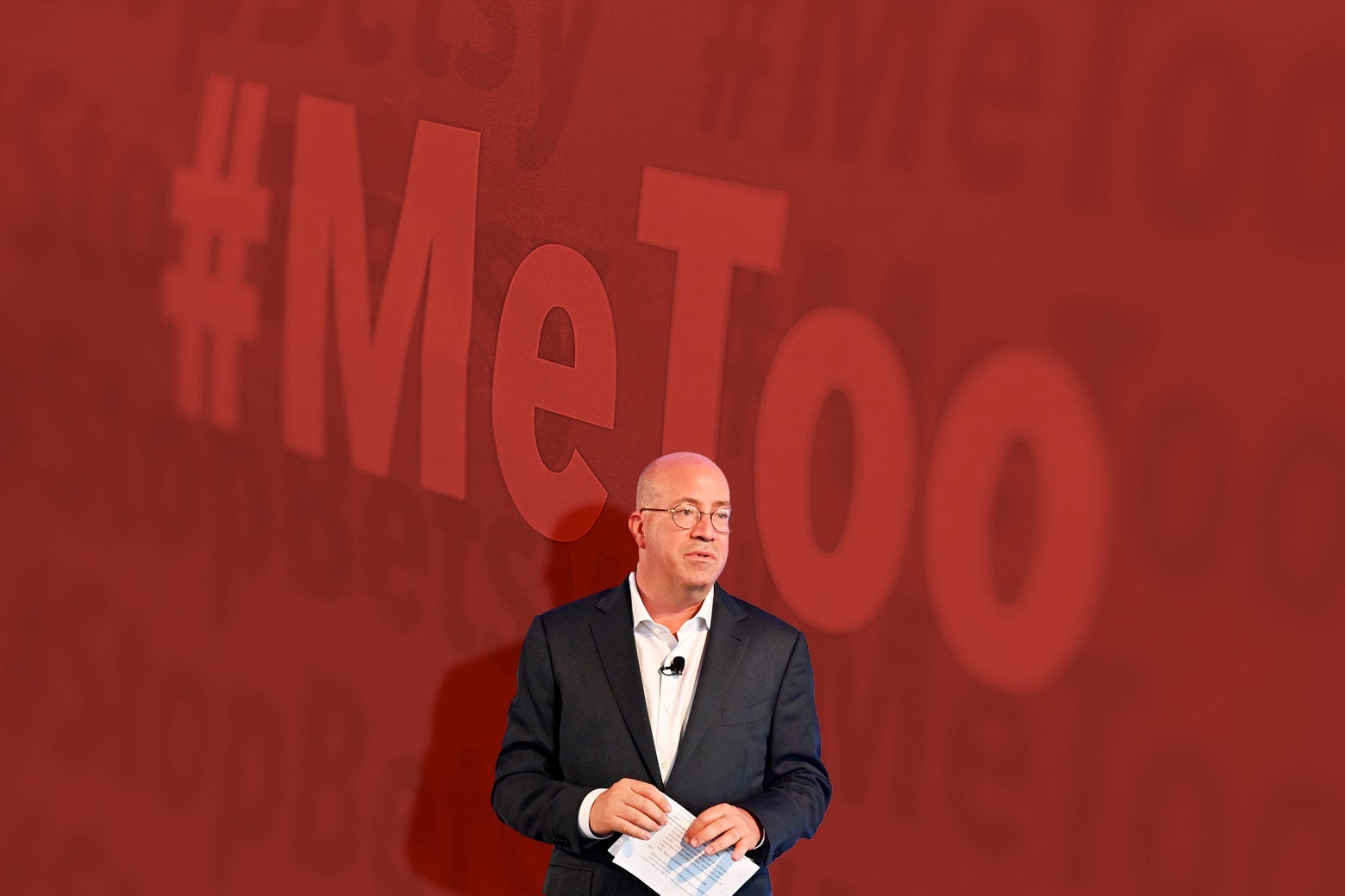 Jeff Zucker with the words #MeToo illustrated behind him.