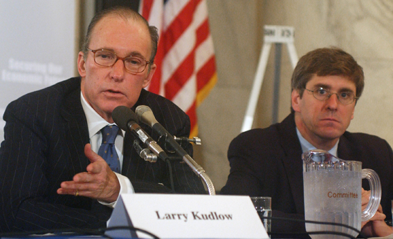 Larry Kudlow of CNBC, and Stephen Moore, of Club for Growth, during the democratic forum on the economy.