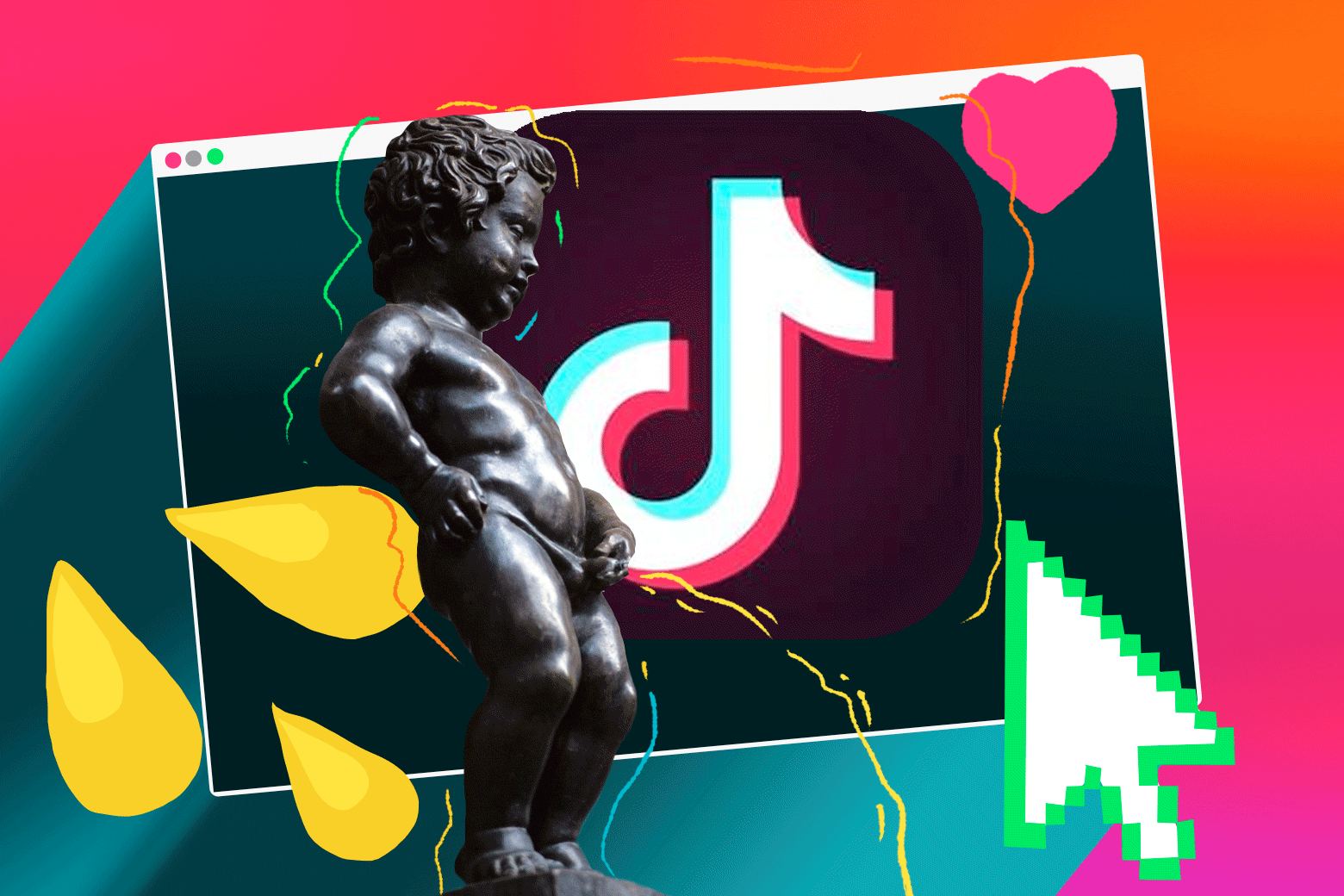 A happy collage including the TikTok logo, a heart, a mouse cursor, some yellow droplets, and one of those statues of a baby, peeing