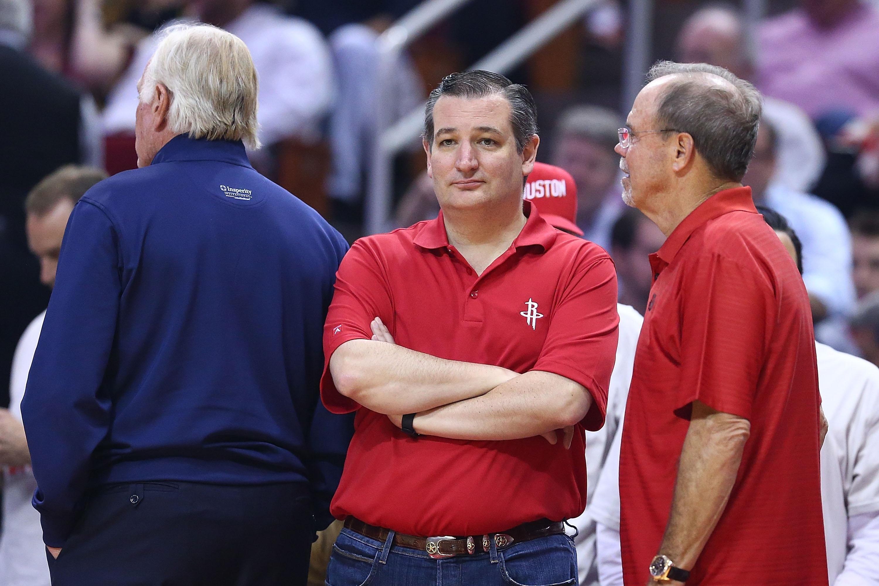 Sen. Ted Cruz of Texas looks on during Game Three of the NBA Western Conference Semi-Finals between the Houston Rockets and San Antonio Spurs at Toyota Center on May 7, 2017 in Houston, Texas. 