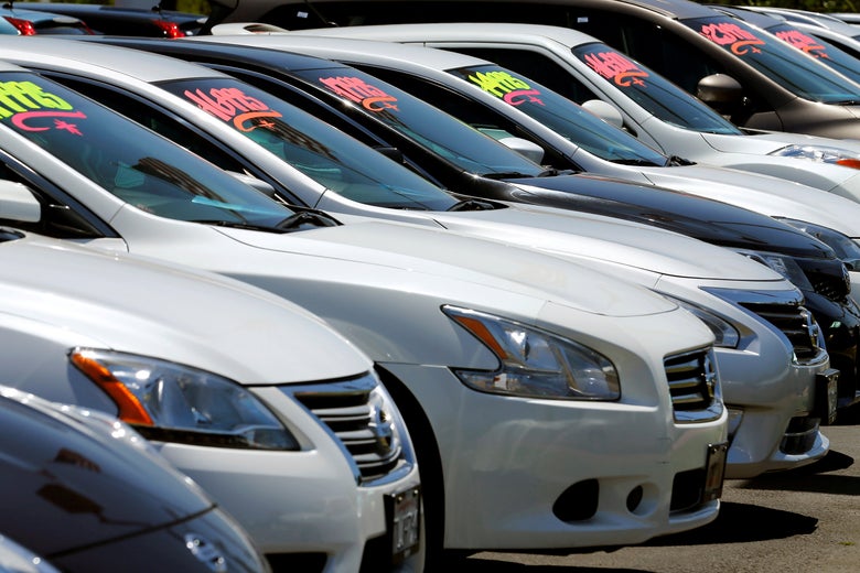 Automobiles are shown for sale at a car dealership in Carlsbad, California.