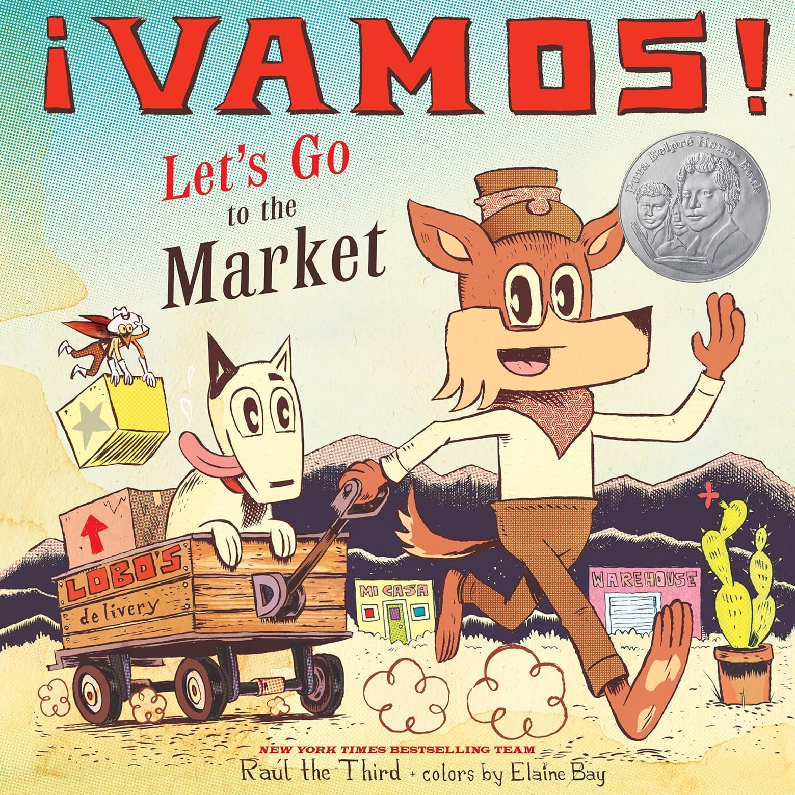 The cartoon cover of ¡Vamos! Let’s Go to the Market, featuring a fox pulling a dog in a wagon.