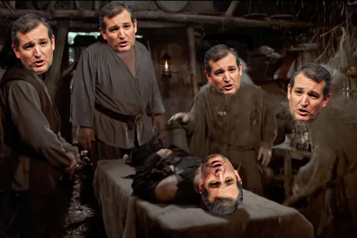 Photo illustration: A scene from The Princess Bride but Ted Cruz's head is on every character.