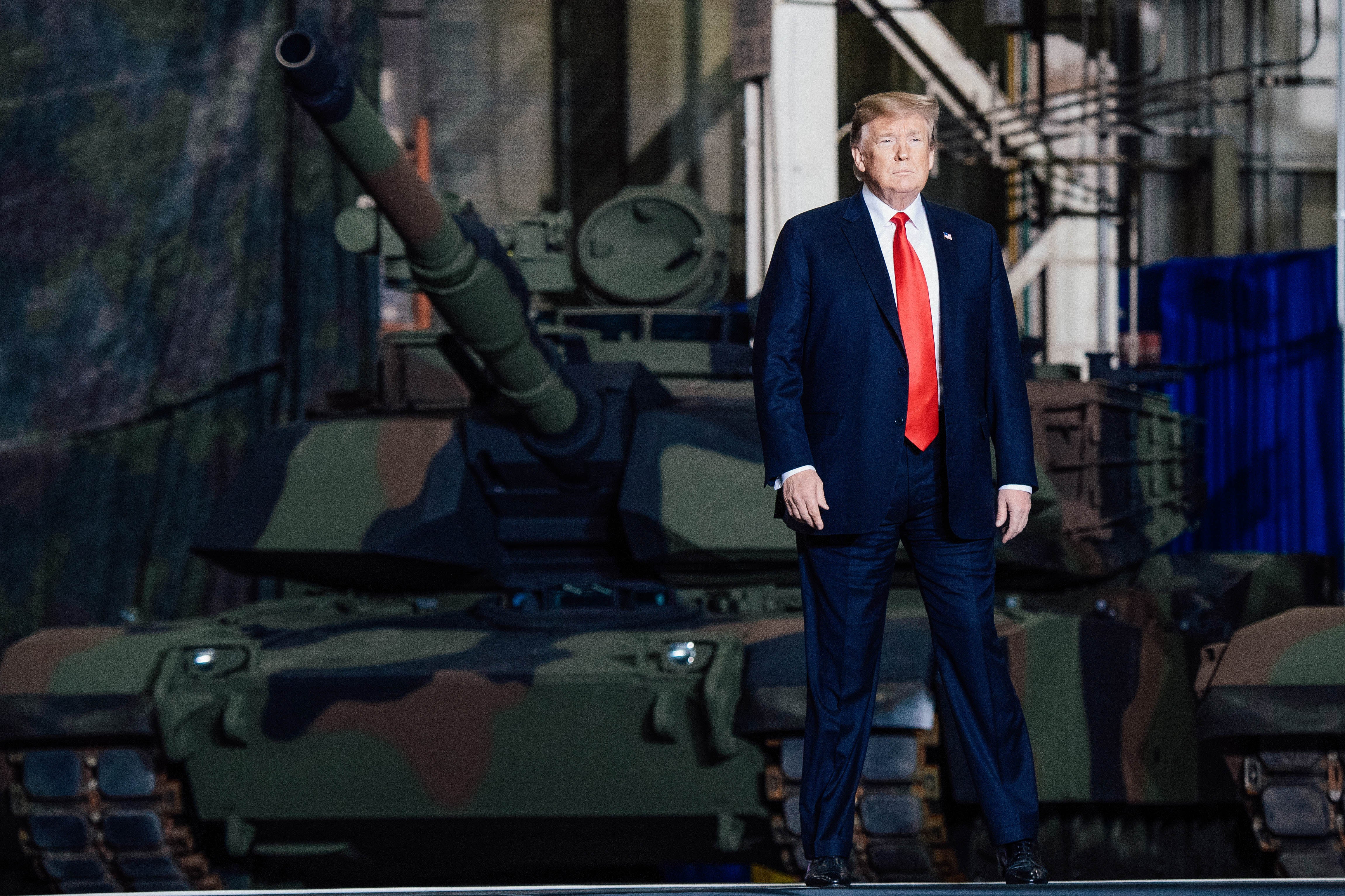 President Donald Trump arrives to speak after touring the Lima Army Tank Plant in Ohio on March 20.
