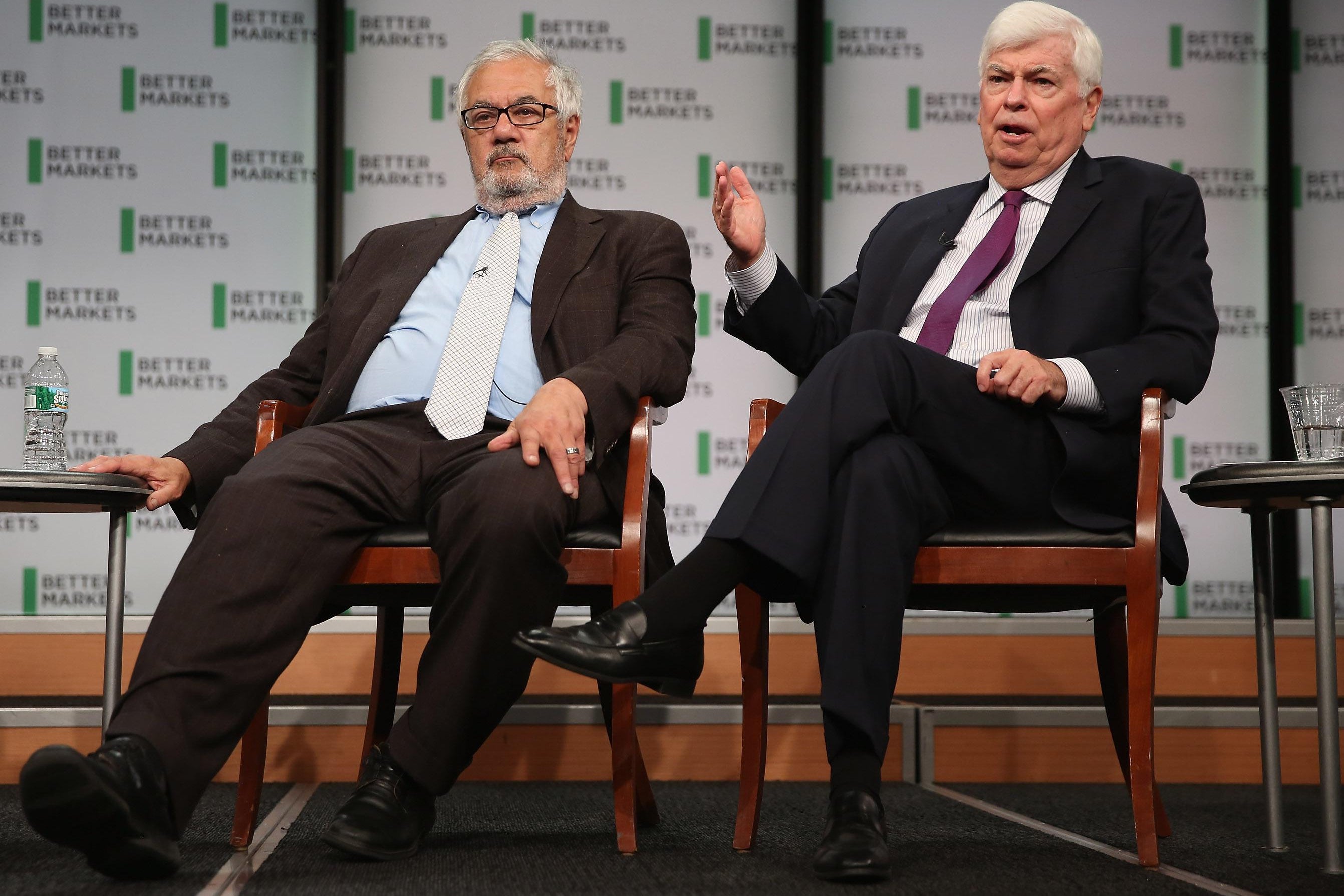 WASHINGTON, DC - JULY 20:  Former Rep. Barney Frank (D-MA) (L) and former Sen. Chris Dodd (D-CT) talk about their hallmark and namesake legislation, the Dodd-Frank Wall Street reform law, on the fifth anniversary of the law at the Newseum July 20, 2015 in Washington, DC. The event was hosted by Better Markets, a self-described nonpartisan, independent and nonprofit organization that promotes the public interest in the capital and commodity markets.  (Photo by Chip Somodevilla/Getty Images)