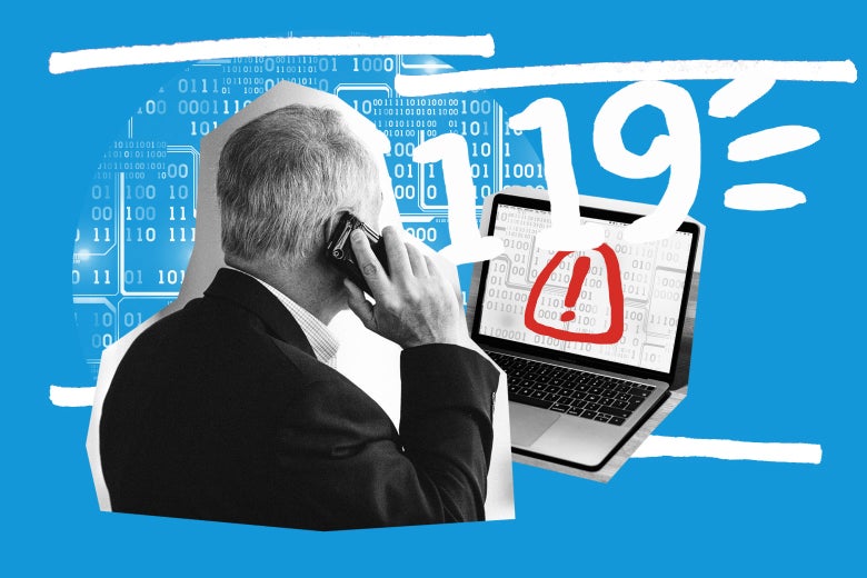 Collage of a person calling 119 in front of a computer displaying an error message, with 0s and 1s in the background.