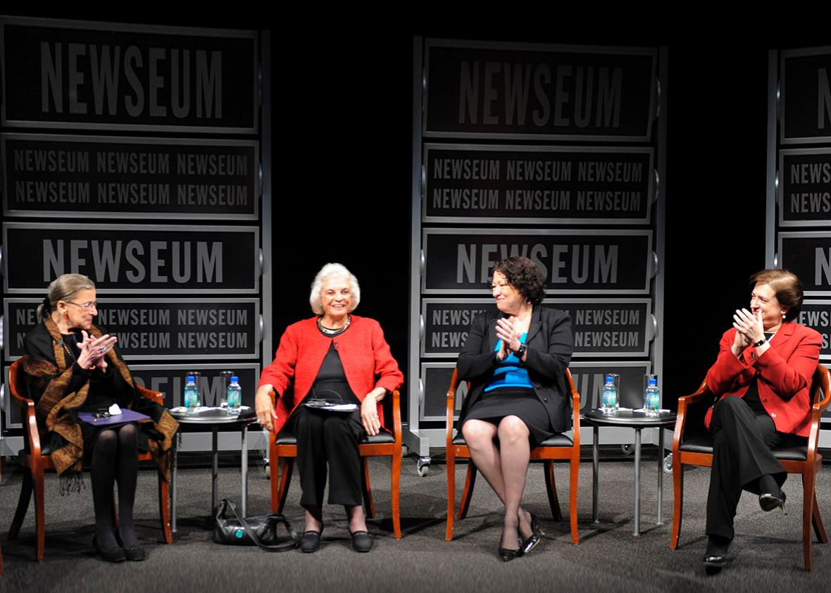 The first female supreme court justice, Sandra Day O'Connor (2nd,The first female supreme court justice, Sandra Day O'Connor (2nd L), is applauded by fellow justices, (L- R) Ruth Bader Ginsburg, Sonia Sotomayor and Elena Kagan.