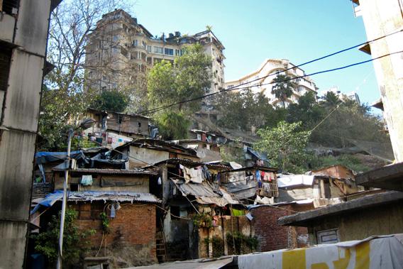 Slum and luxury apartments in Mumbai, India.