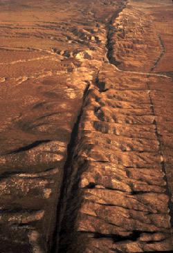 The San Andreas fault, runs 810 miles through California in the United States.