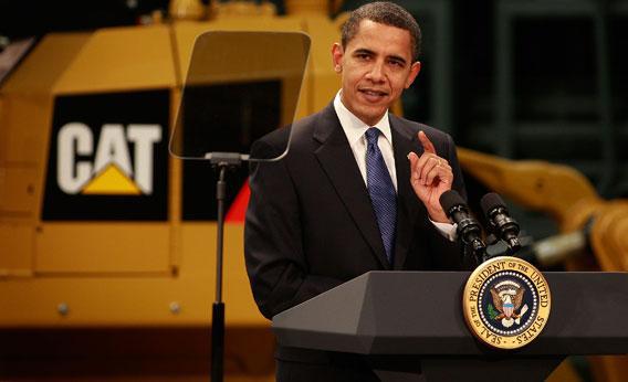 President Barack Obama speaks to workers at a Caterpillar plant about creating jobs and stimulating the economy February 12, 2009 in East Peoria, Illinois.