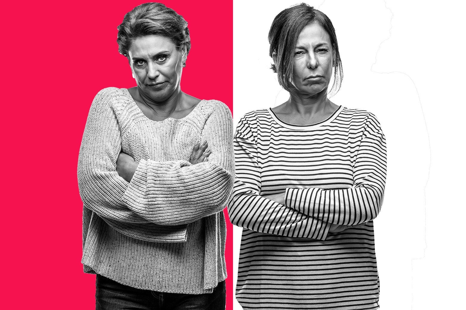 Two women side by side crossing their arms and scowling