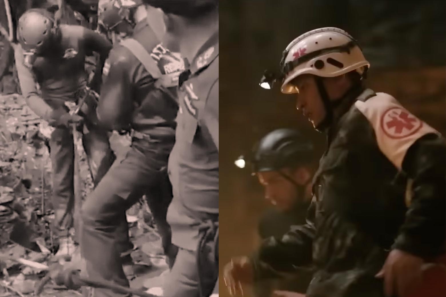 In both images groups of Thai men wear headlamps. On the left, there also appears to be a member of the military looking on.