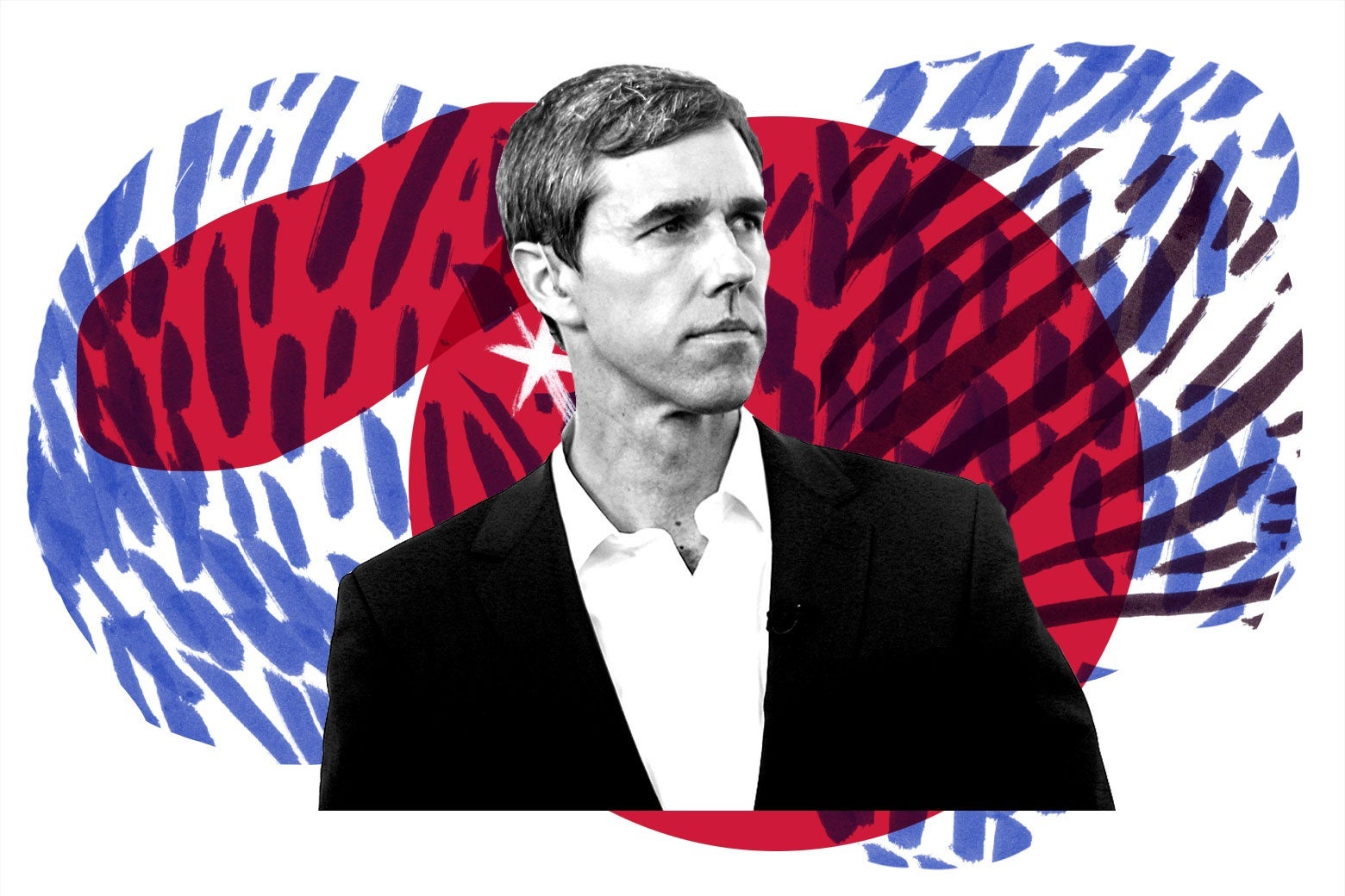 Beto O'Rourke, surrounded by red, white, and blue, insurgent