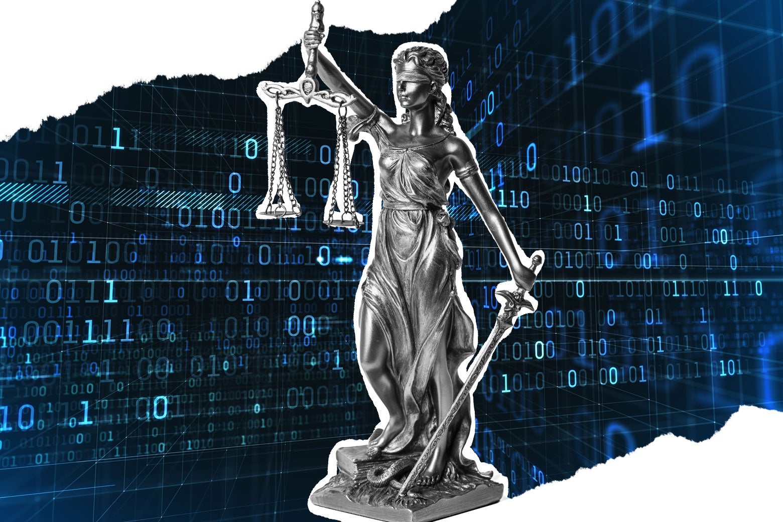 A statue of Lady Justice with strings of binary behind it.
