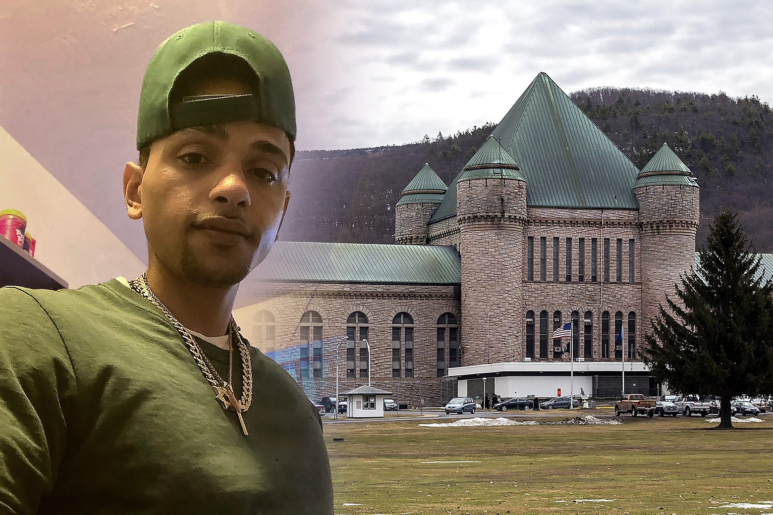 Marcos Alcaraz next to a photo of the Eastern Correctional Facility.