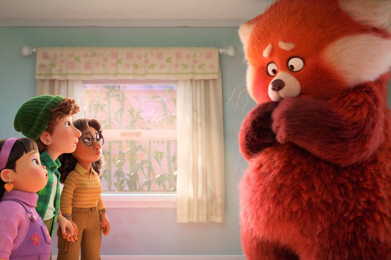 On one side of a pastel-colored bedroom, a diverse trio of computer-animated teenage girls looks up agog. On the other side, a giant red panda, its arms folded in front of it, wishing not to be perceived.