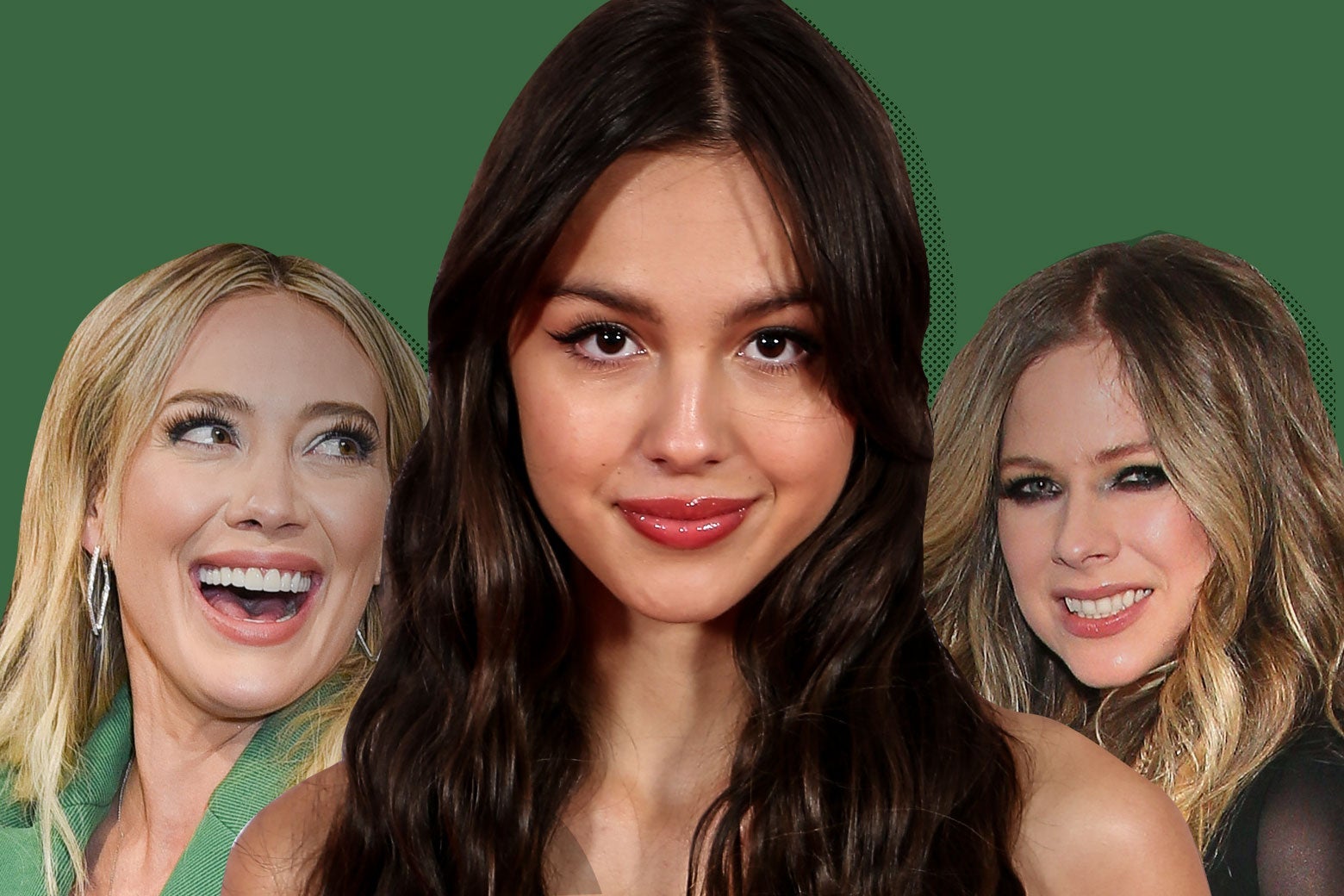 Photo collage of Olivia Rodrigo flanked by Hilary Duff and Avril Lavigne