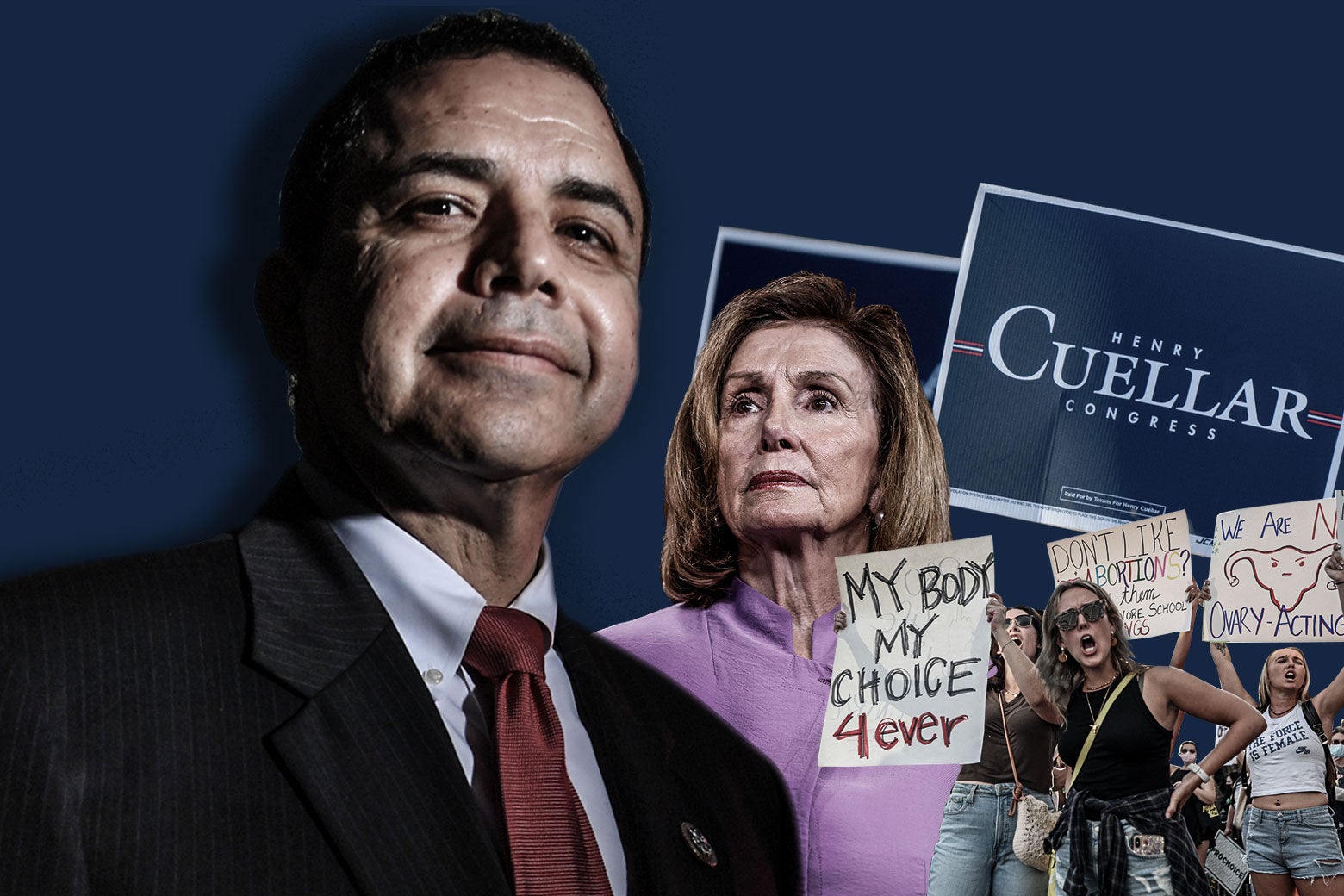 A collage of photos of Henry Cuellar, Nancy Pelosi, protesters, and pro-choice protest signs.