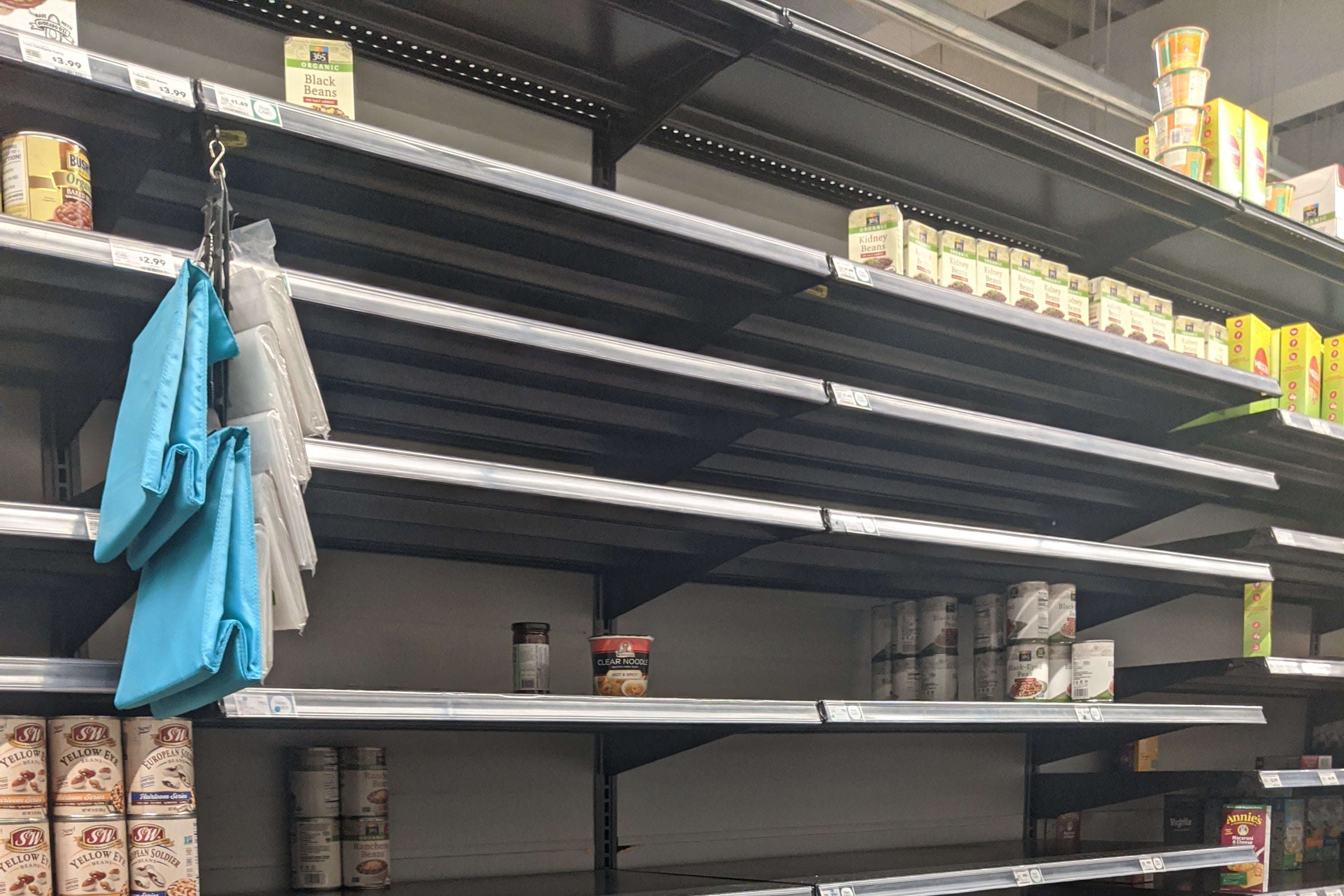 Kidney bean cans on an otherwise empty shelf. 