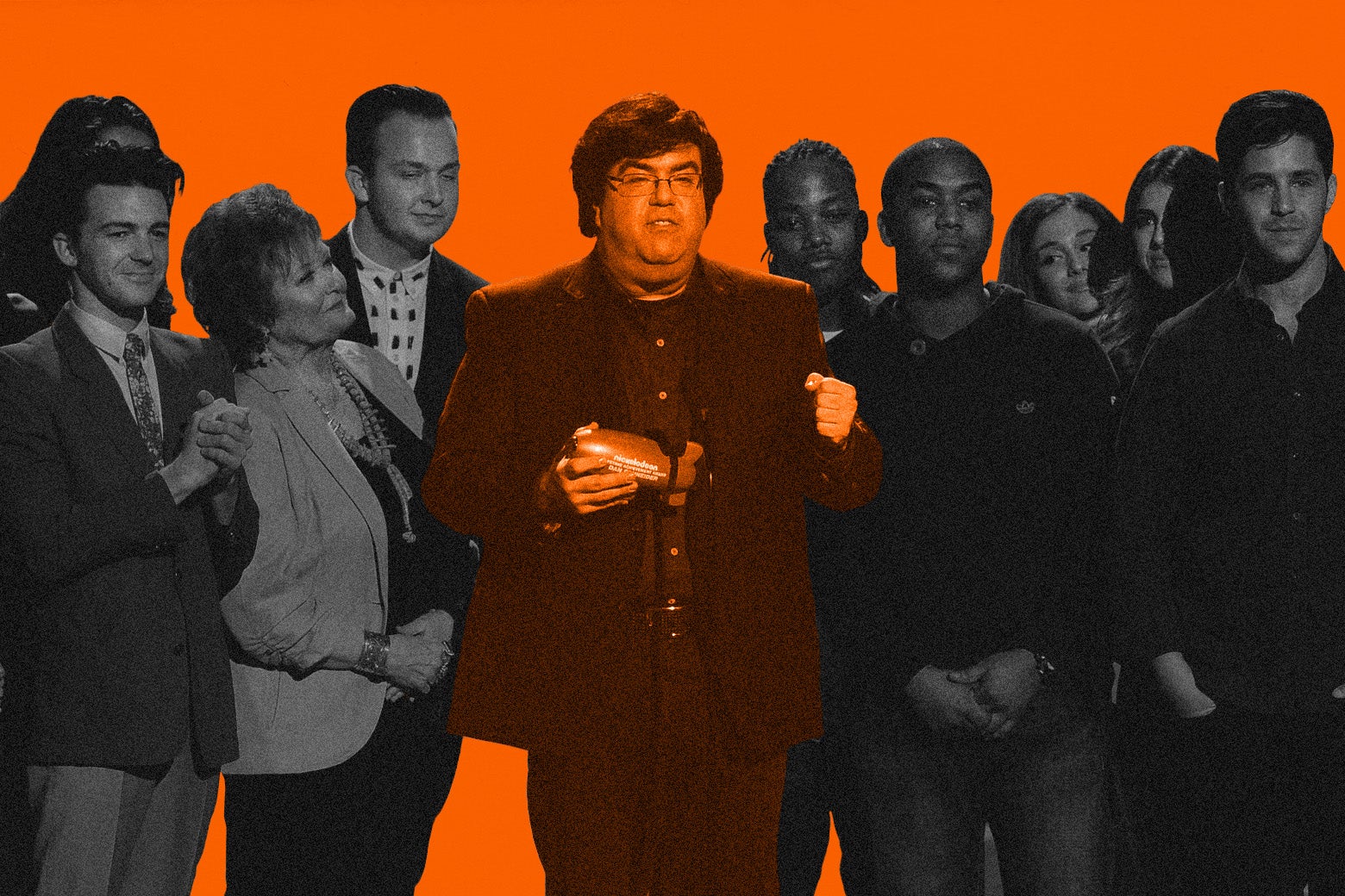 Illustration of Dan Schneider surrounded by Nickelodeon stars, including Drake Bell, Josh Peck, Ariana Grande, Leon Thomas III, and Christopher Massey.