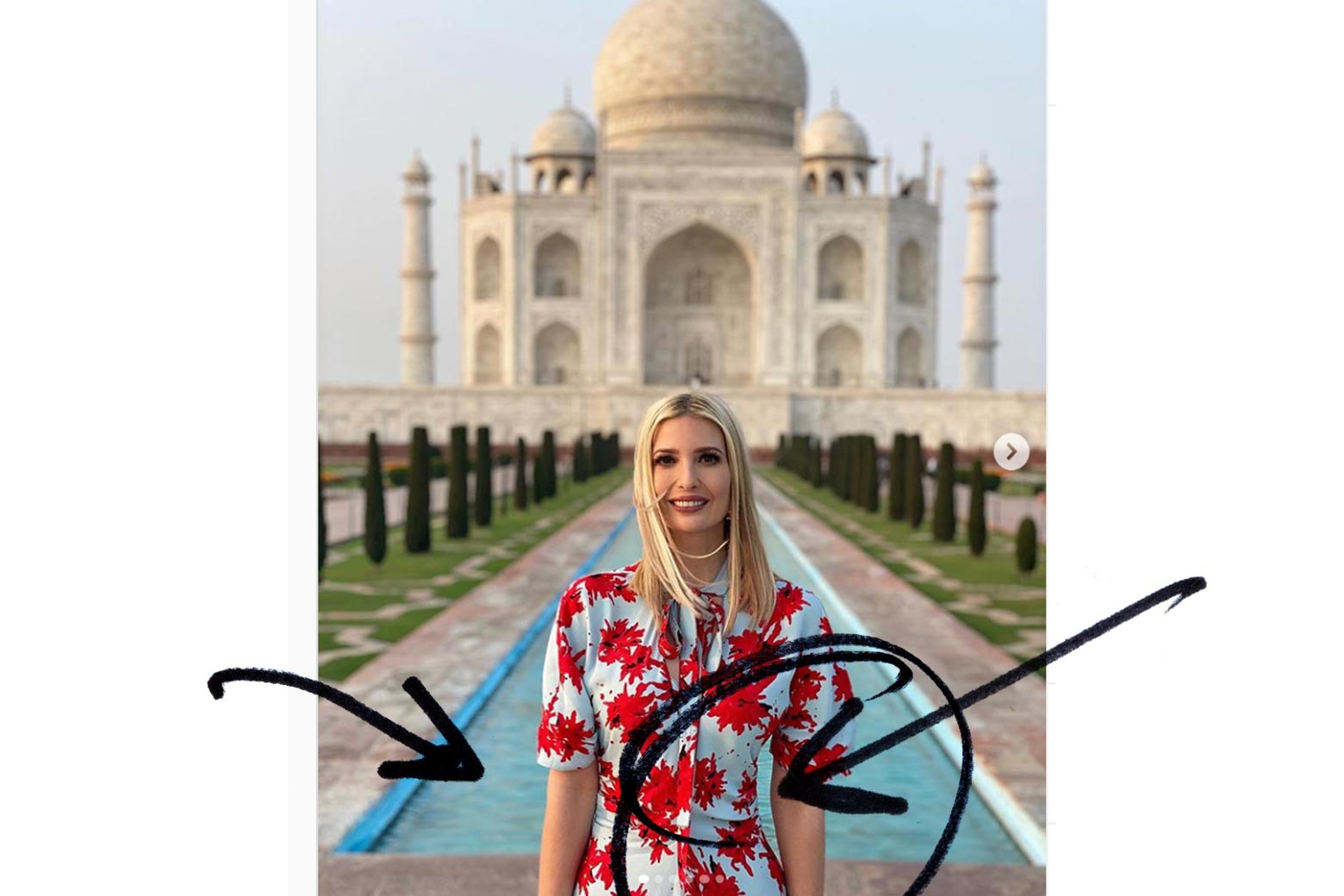 Ivanka Trump stands in front of the reflecting pool at the Taj Mahal, but there are ripples between her arm and waist that do not match the blurred water behind her.