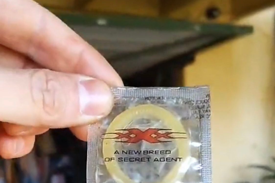 A xXx-branded condom that reads, "a new breed of secret agent."
