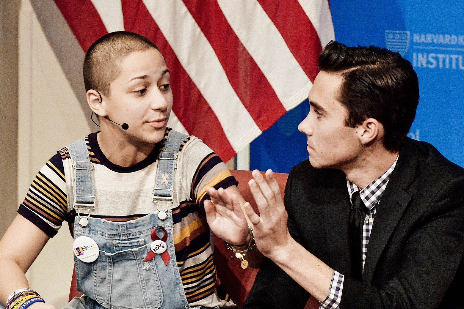 Survivors of the Marjory Stoneman Douglas High School shooting Emma González and David Hogg speak at a panel discussion titled, “#NEVERAGAIN: How Parkland Students Are Changing the Conversation on Guns” at Harvard University on March 20 in Boston.