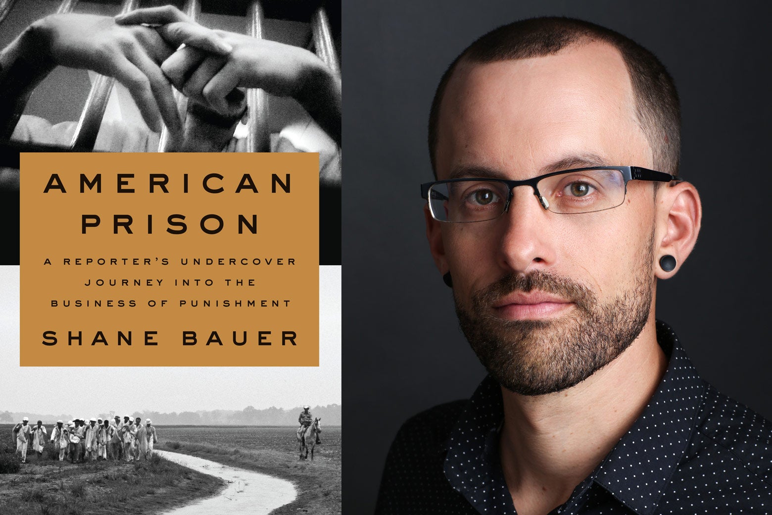 Book cover of American Prison beside a photo of Shane Bauer.
