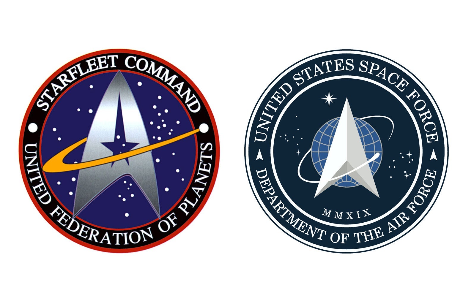 On the left: a circular logo with an arrowhead-shaped symbol with a star through the middle. in the middle labeled "Starfleet Command. United Federation of Planets." On the right: a similar-looking logo, but without the star, and there is a blue circle behind the arrowhead shaped symbol. It is labeled "United States Space Force. Department of the Air Force."