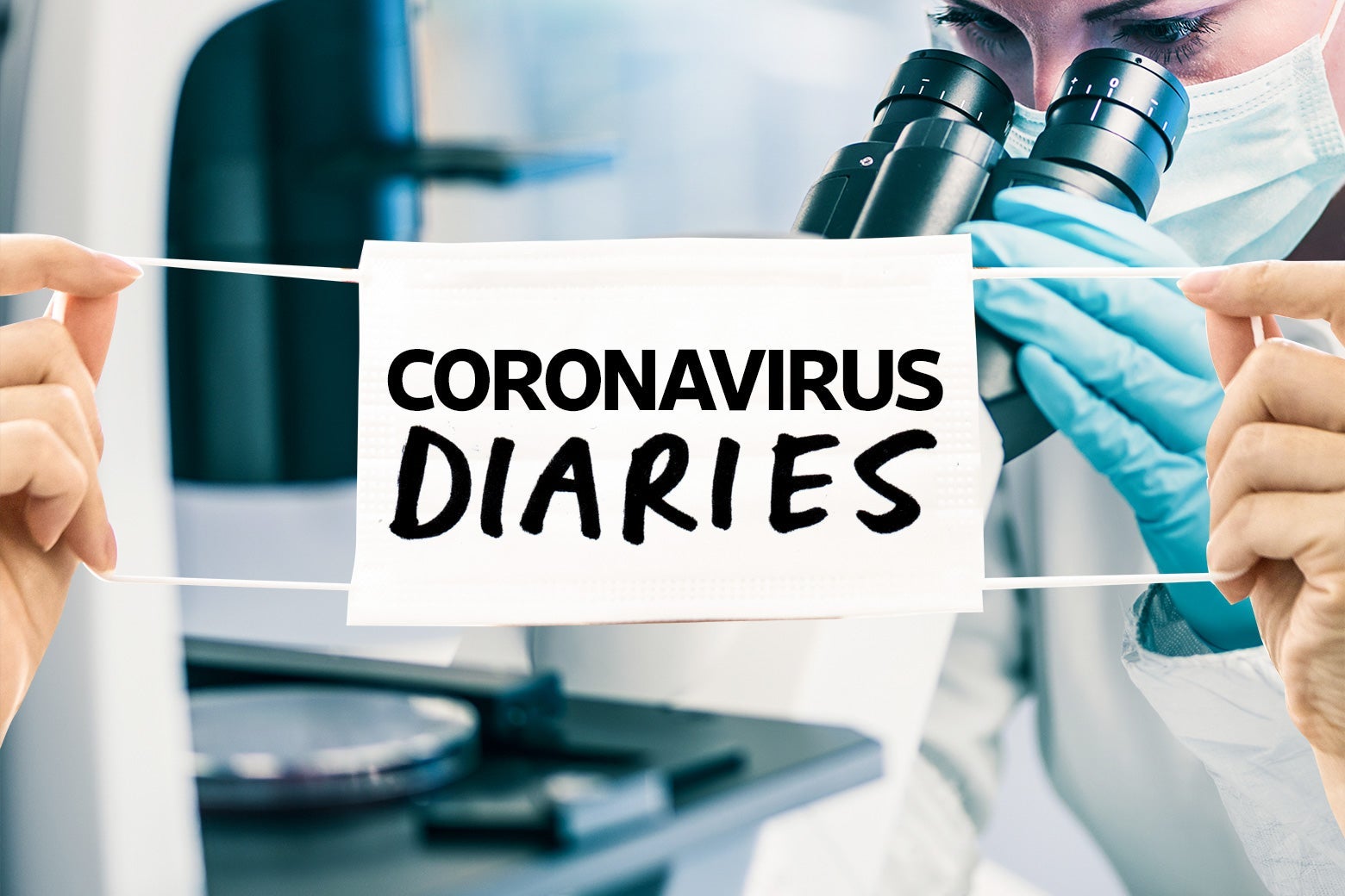A woman doing research in a lab, with "Coronavirus Diaries" logo across it.
