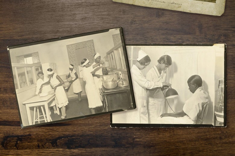 A group of Black women stand in a kitchen learning skills while another group, studying to be nurses, examines a patient.