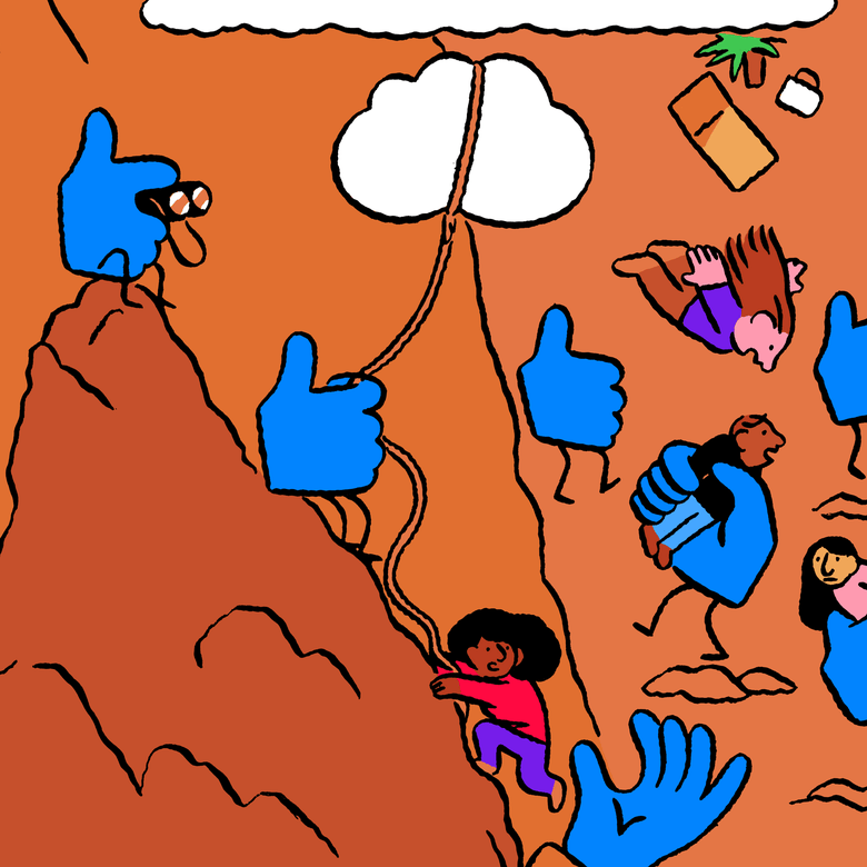 Blue thumbs hike up a mountain.
