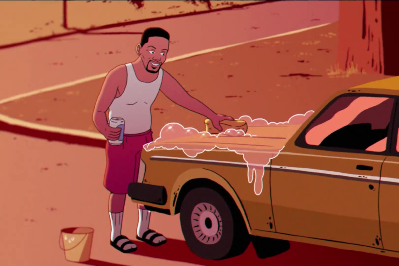 An animated version of Will Smith, wearing socks and sandals, washing his car down.