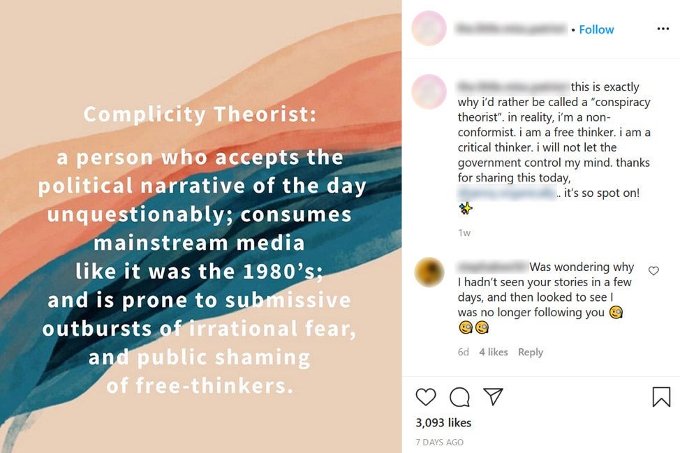 A conspiracy theory Instagram post with comments