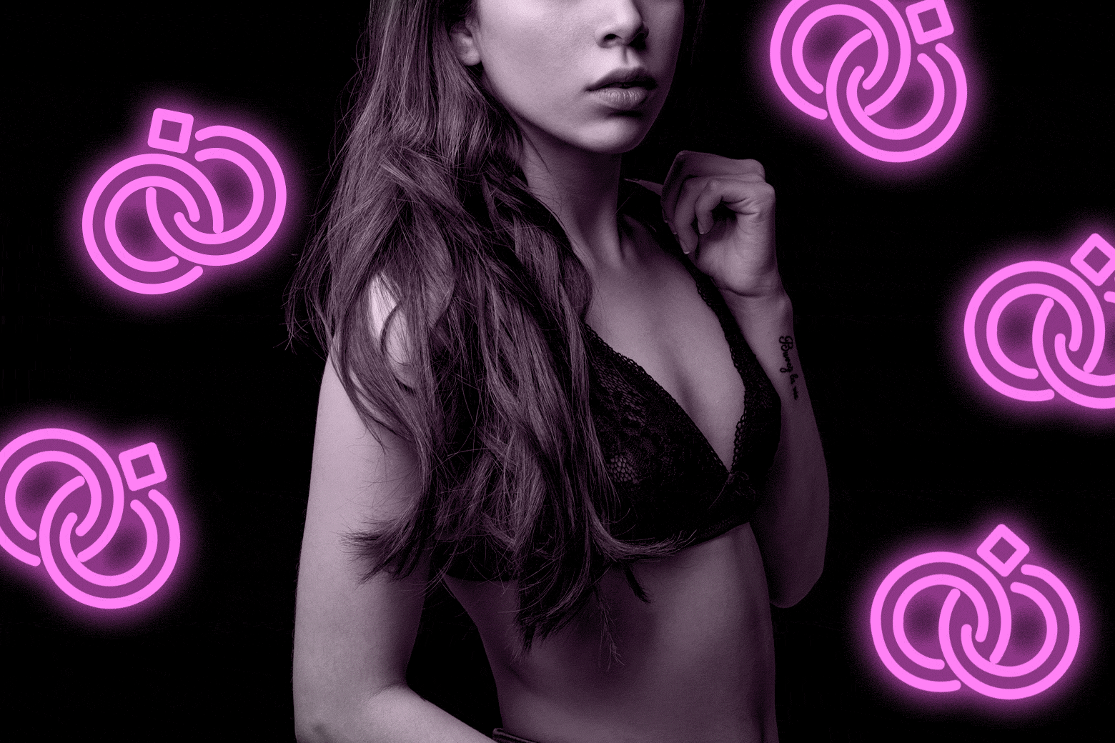 Photo illustration of a woman in a bra and neon wedding rings behind her. 
