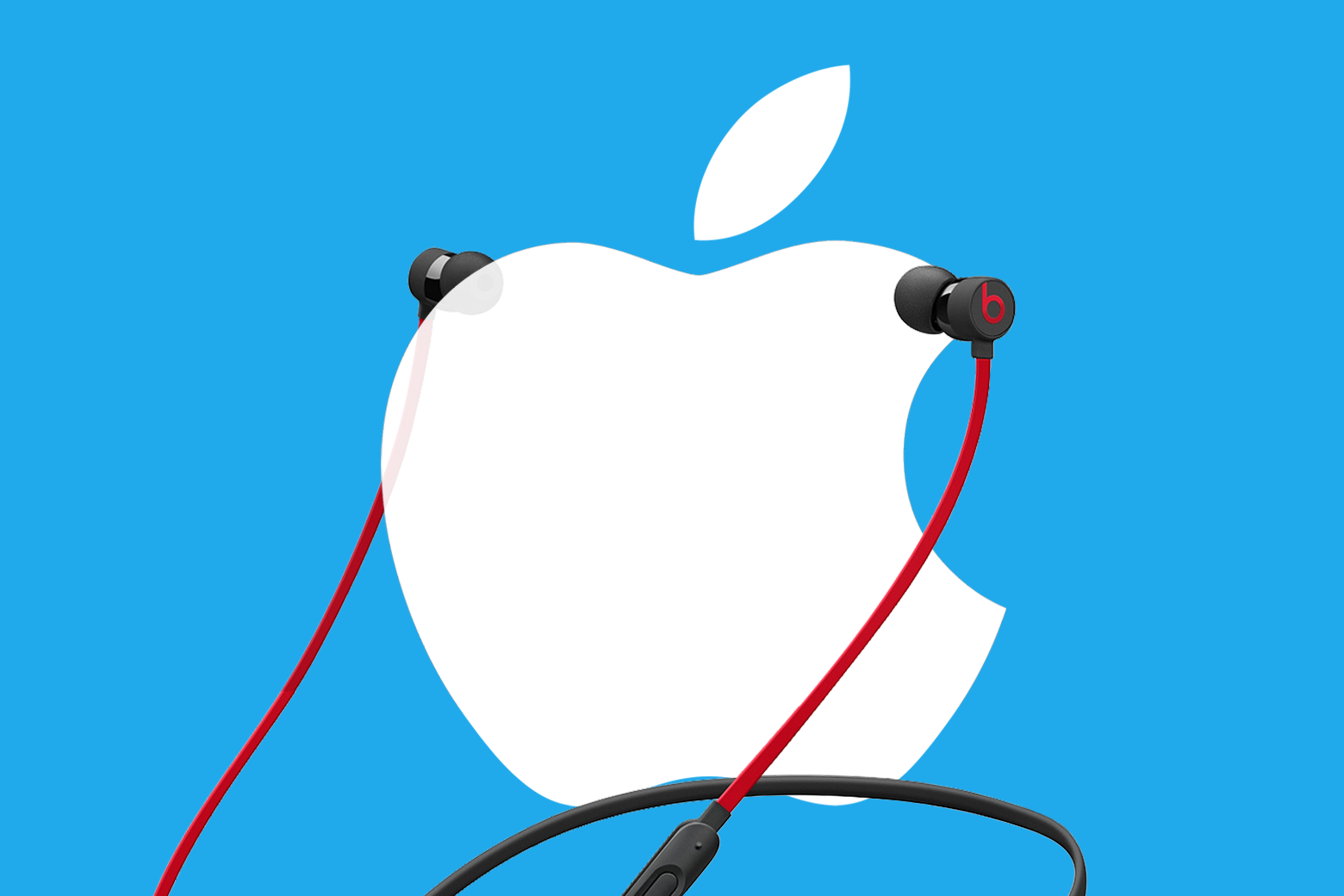 Photo illustration: headphones on top of the Apple logo.