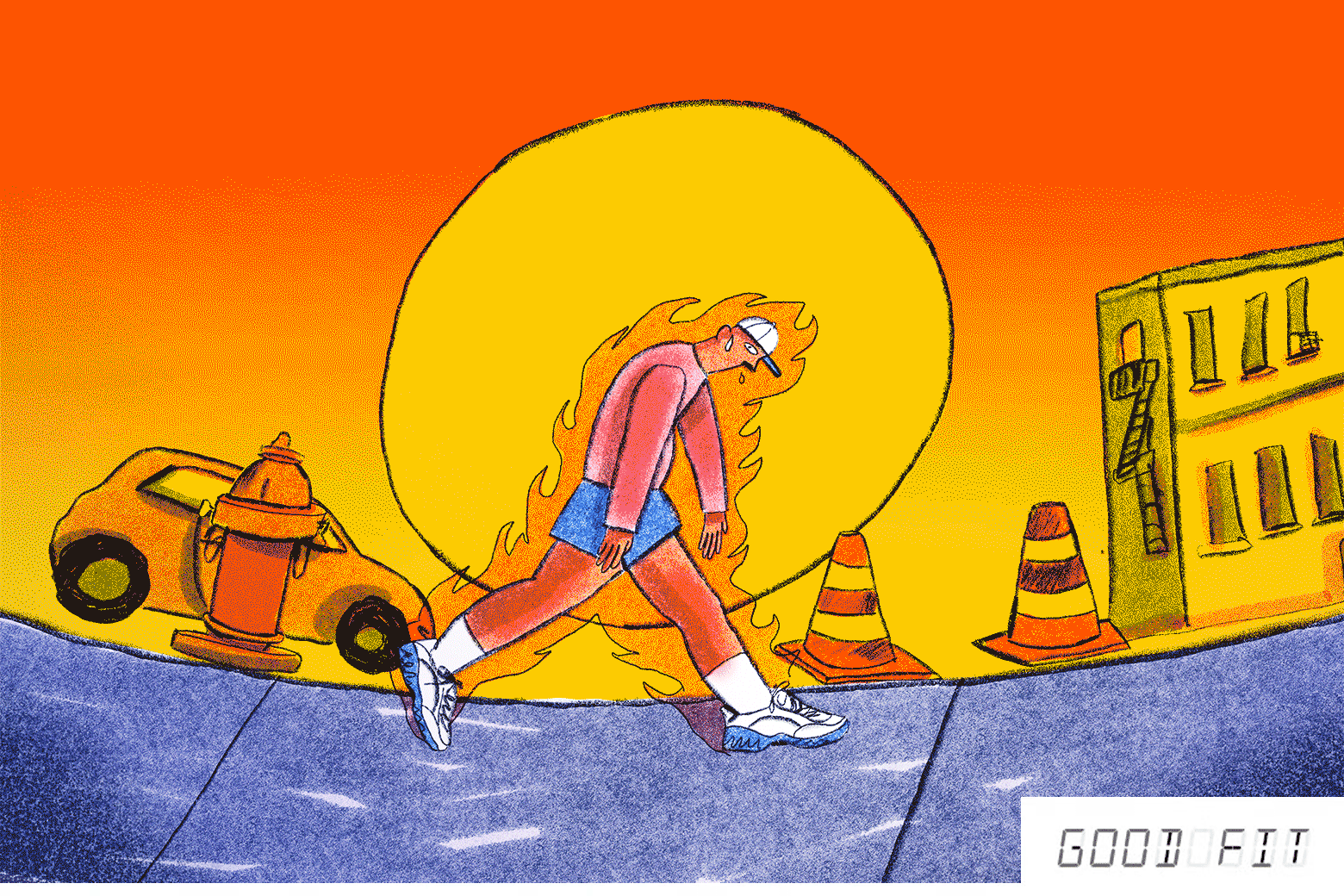 An animated sketch of a person walking down a sidewalk on a hot street under a large sun. They are wearing a white baseball hat, pink T-shirt, and blue shorts, and are sweating and engulfed in flames.
