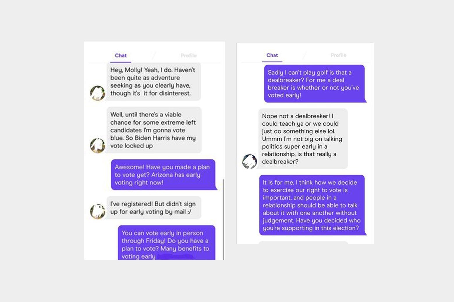 screenshots of text messages on Hinge