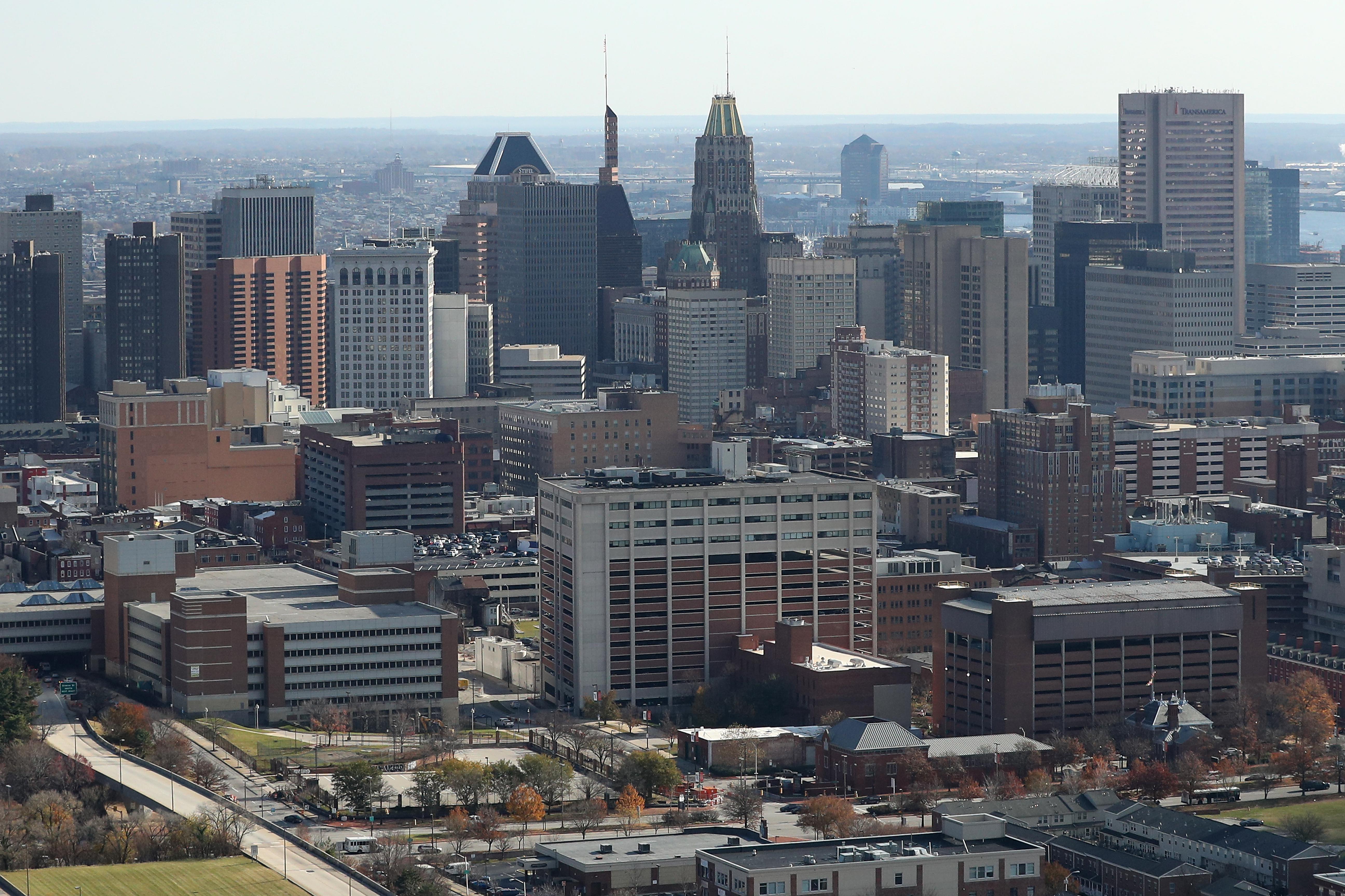 An aerial view of Baltimore City skyline on December 1, 2016 in Baltimore, Maryland.