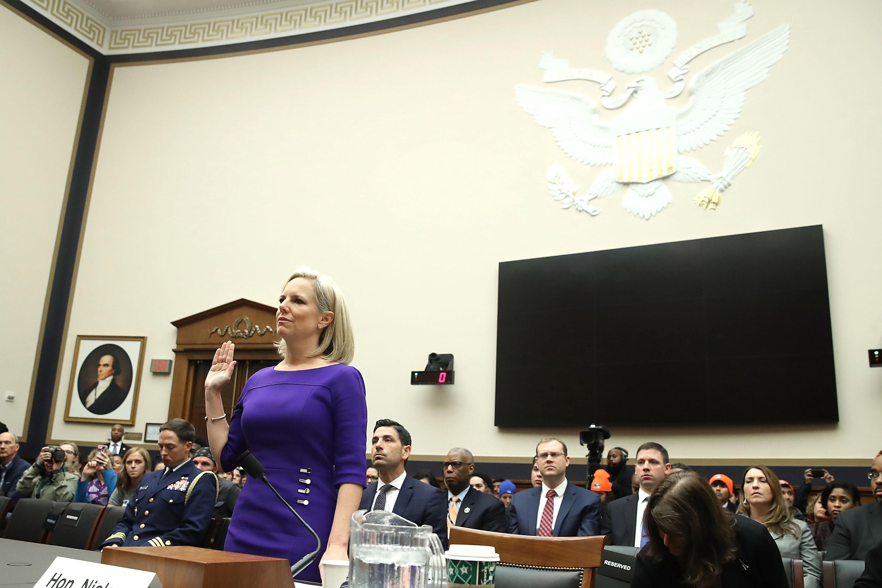 Homeland Security Secretary Kirstjen Nielsen is sworn in before testifying to the House Judiciary Committee, on Capitol Hill December 20, 2018 in Washington, D.C. 
