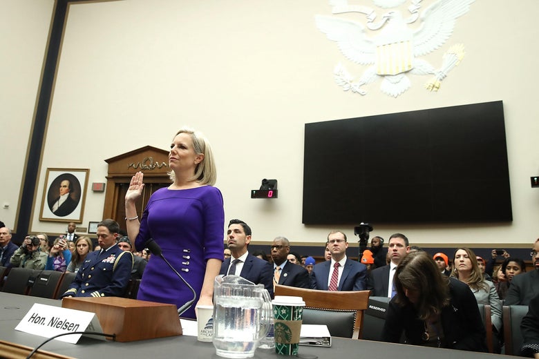 Homeland Security Secretary Kirstjen Nielsen is sworn in before testifying to the House Judiciary Committee, on Capitol Hill December 20, 2018 in Washington, D.C. 